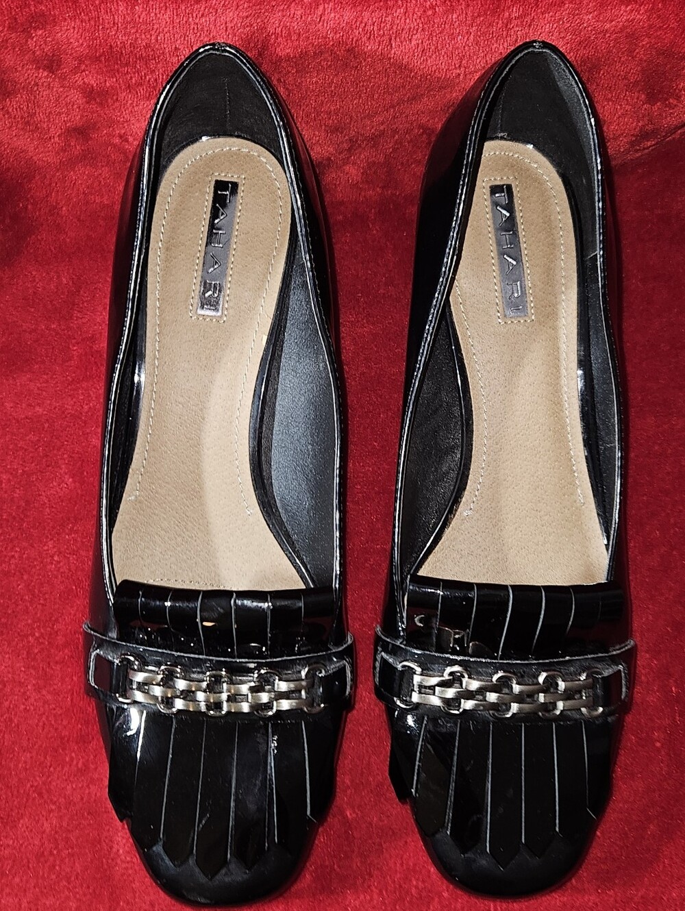 Tahari "Mary" Black Patent Loafers w/Kiltie Fringe-Silver Chain Detail -Size 9M